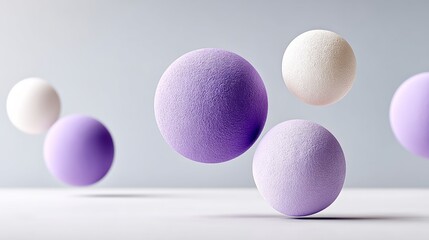 Group of purple and white balls are floating in the air. Concept of playfulness and lightheartedness, as the balls seem to be floating effortlessly and without any constraints