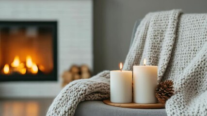 Cozy candles and warm fireplace create serene ambiance at home, while soft knit blanket enhances decor and invites comfort and tranquility.