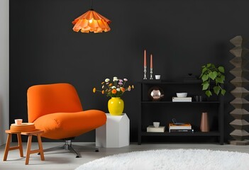 Orange armchair and a yellow vase with flowers in a room with black walls, a black shelf and a white carpet