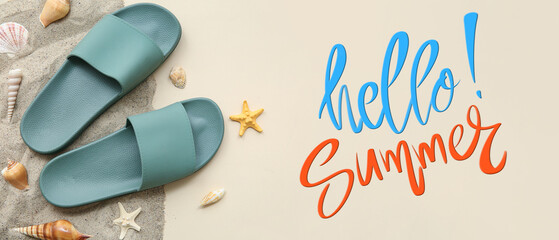 Composition with flip-flops, seashells and sand on color background