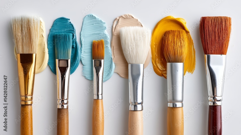 Poster row of paintbrushes with different colors and sizes. the brush with the most paint is in the middle