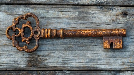 Rusty antique skeleton key on weathered wood.