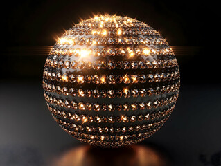 A shining sphere covered in gems reflecting bright light on a dark surface creating a radiant glow