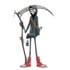 Grim Reaper Cartoon Character with Scythe Standing in Casual Outfit