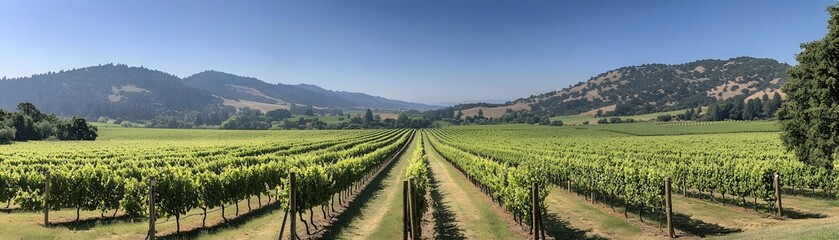 Fototapeta premium Panoramic view of a tranquil vineyard with rows of lush grapevines stretching towards the horizon set against a backdrop of rolling hills and a picturesque countryside landscape