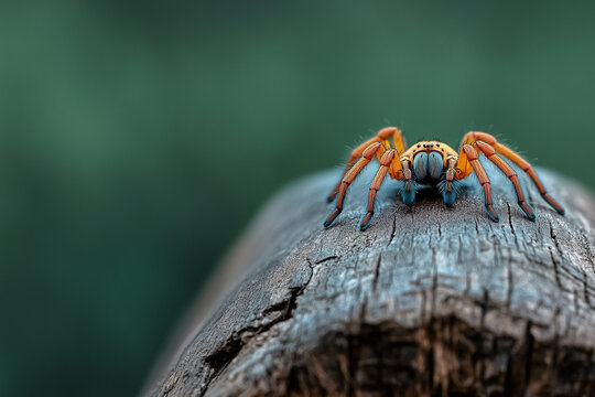Tarantula crawling on a log, macro photography, dramatic shadows