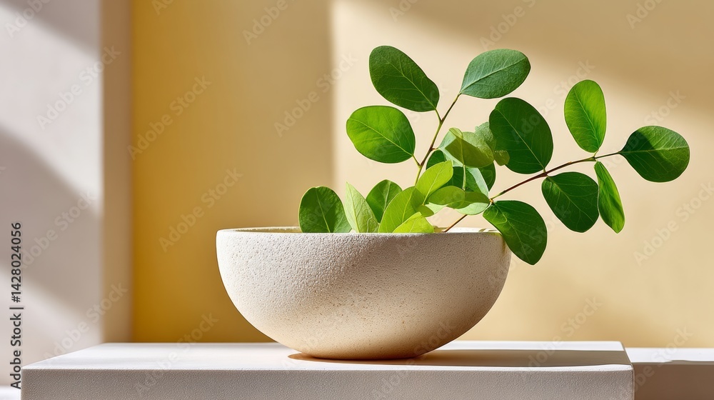 Poster white bowl with a leaf in it sits on a white table. the bowl is empty and the leaf is the only objec