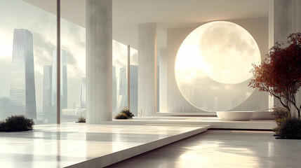 Modern interior with city view large moon-shaped light minimalist dcor and plant life Soft luminous ambiance