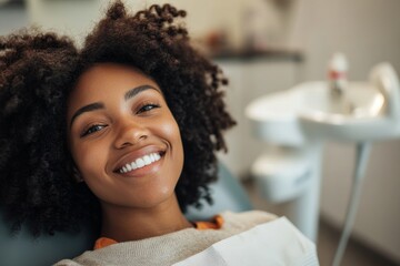 A happy African-American woman is seen smiling perfectly with white teeth at the dental clinic