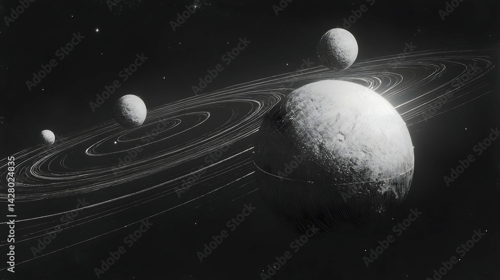 Wall mural striking grayscale depiction of planets orbiting a massive ringed world in the vastness of space