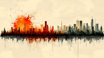 Naklejka premium Stylized skyline cityscape with an explosion of color on one end and a blend into monochrome on the other side