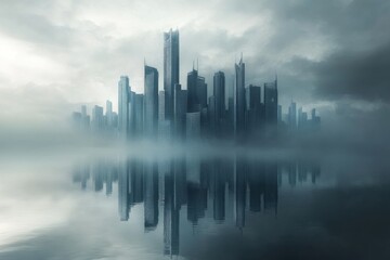 Fototapeta premium Mysterious skyline emerging through fog over calm water at twilight