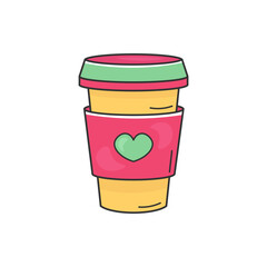 Doodle take away coffee  Hand-drawn Takeaway Drink in Bright Colors. Isolated on white background. For cafe branding, food stickers, morning routine illustrations, and urban lifestyle designs.