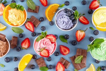 Frozen yogurt assortment. Soft creamy ice cream cups