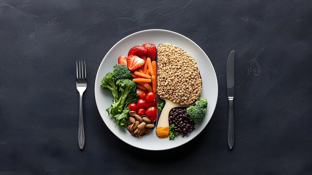 This image depicts a creative and visually striking arrangement of a healthy meal plate in the shape of a brain  with each section filled with a variety of nutrient rich superfoods