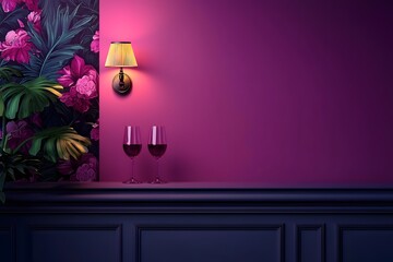 Luxurious velvet lined fine dining booth with dim atmospheric lighting and elegantly set wine glasses creating a sophisticated and cozy ambiance for an upscale restaurant or lounge