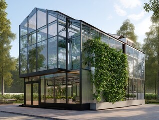 Modern glass greenhouse exterior, set against leafy trees.  The design emphasizes plant life both within and as an exterior design element.