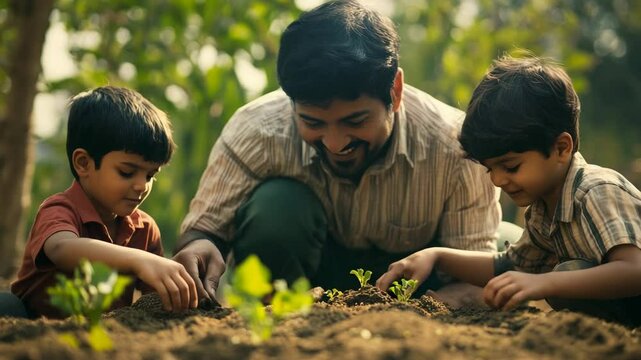A father and his three young sons are seen nurturing seedlings in a garden, highlighting themes of family bonding, environmental education, and sustainable living in a warm, natural setting.