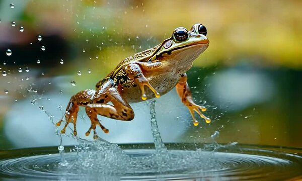 A vibrant frog leaps from the water's surface, creating splashes in a serene natural setting