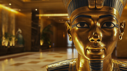 Golden mask of Egyptian Pharaoh on museum display with warm light