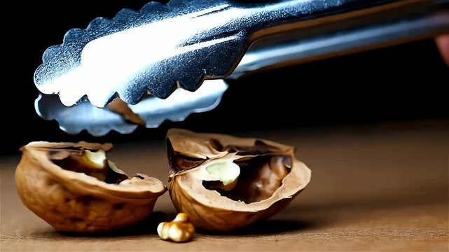 Close-up action shot showing only the metal jaws of a nutcracker firmly closing and cracking open the hard shell of a walnut, revealing the kernel halves inside