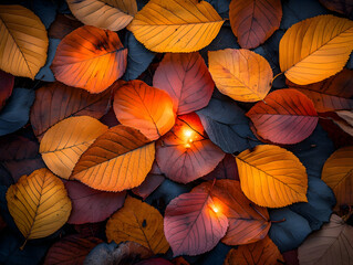 Fototapeta premium Fallen leaves in autumn colors creating a warm textured pattern with shades of orange red and brown