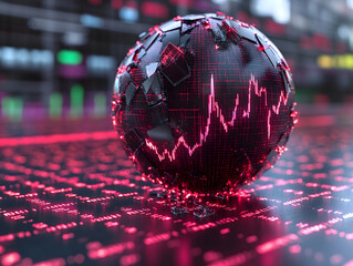 Sphere of dark shards overlaid with a pink line graph over a blurred screen background with pink marks