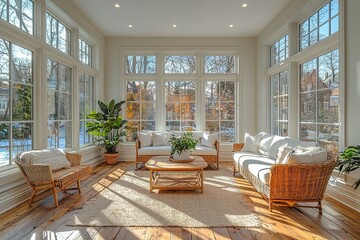 Bright and airy sunroom in Montreal with large windows, wooden floors, and white walls, creating a spacious family home atmosphere.