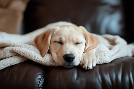Puppy napping on couch with blanket, soft light through window