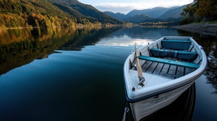 Obraz premium Tranquil Mountain Lake Scene with Rowboat Reflecting Surrounded by Forested Hills during Sunset