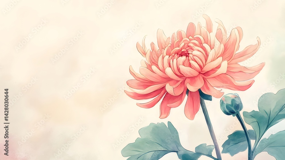 Aufkleber 水彩画風のピンク色の菊の花が咲き誇る背景に緑の葉と芽が添えられた美しい植物