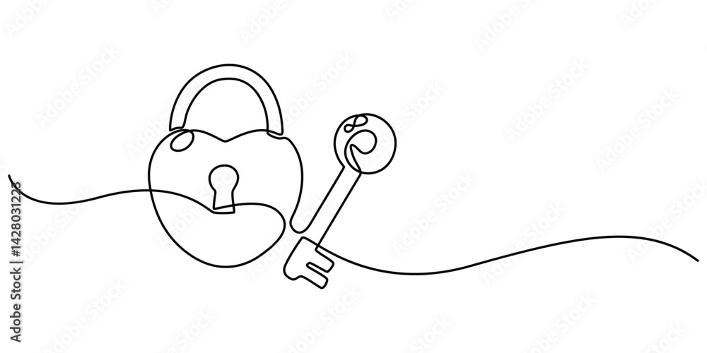 Poster Continuous one line drawing of a heart shaped lock and key. Vector illustration, Continuous line drawing. Lock and key. Heart shape. Valentine's day. Template for love cards and invitations. Isolated.