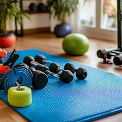 Workout equipment on exercise mat, fitness arrangement with training focus, active setup