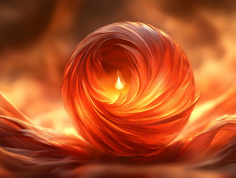 A fiery orb rests on flowing folds glowing warmly from within with a bright geometric light - Powered by Adobe