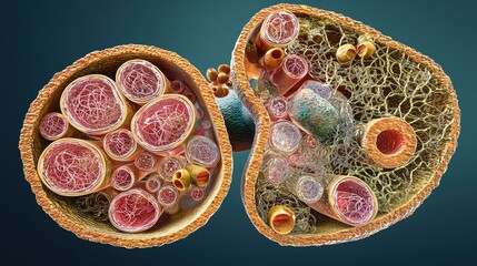 Fototapeta premium Preeclampsia Awareness Month. Detailed depiction of normal and preeclamptic lung glomeruli, highly detailed cellular structures, microscopic view, professional medical illustration