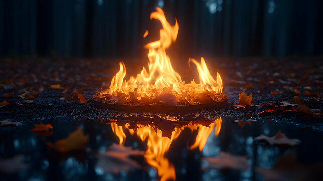 Fire ablaze atop fallen leaves reflection in water dark background