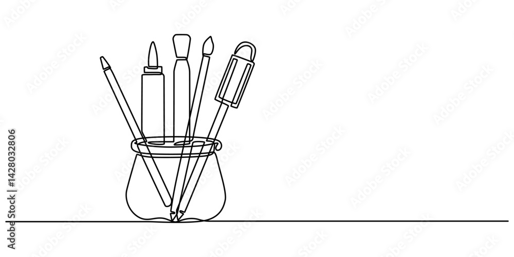 Poster continuous one line drawing of pencils and brushes in a glass. brush and pencils in single line draw