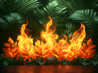 Vivid flames rise behind vibrant leaves contrasting against lush green foliage creating a striking visual