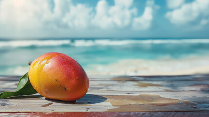 Fresh mango on wooden table by beach with ocean waves