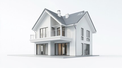Architectural rendering of a modern two story house with white walls and a gray roof