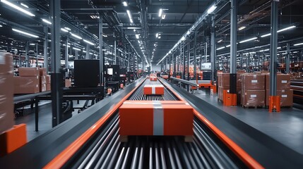 Obraz premium Efficient package movement on conveyor belt in distribution center