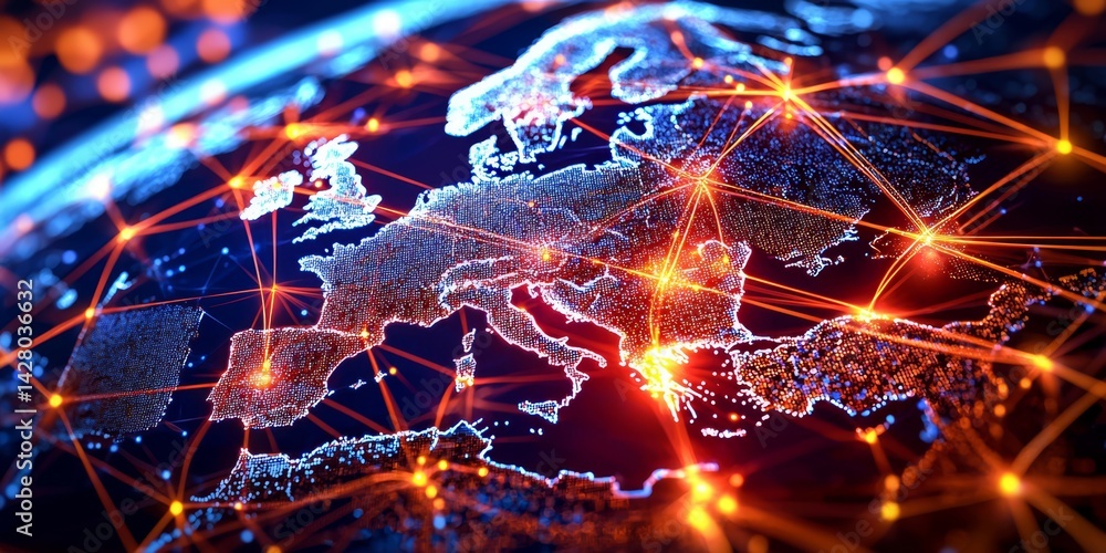 Poster enhancing the map of europe with dynamic light connections to cities.