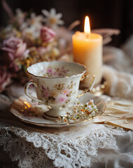 Fototapeta premium Vintage Floral Teacup and Saucer with Candlelight and Flowers
