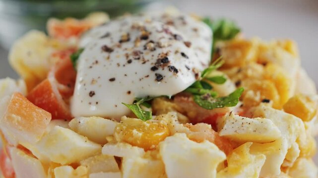 Salad of crab meat, eggs, canned corn, dressed with homemade mayonnaise and ground pepper. High quality 4k footage
