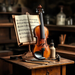 Musical creation violin and sheet music in a cozy studio artistic atmosphere close-up view creative expression