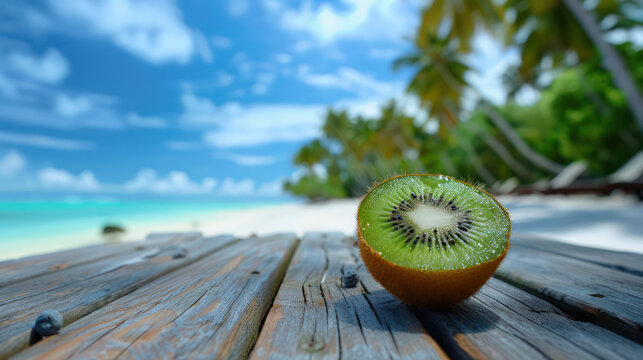 Fresh kiwi on wooden surface at tropical beach with palm trees