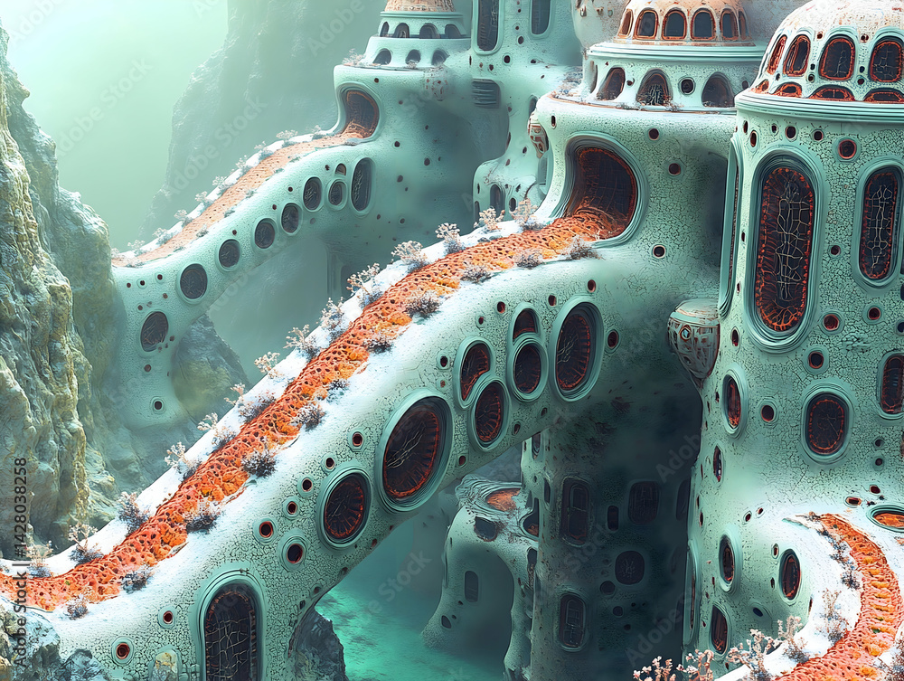 Fototapete aquatic architecture displays organic structures round windows and intricate details in a serene env