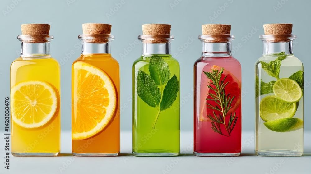Aufkleber row of five bottles with different colored liquids inside. the bottles are lined up next to each oth