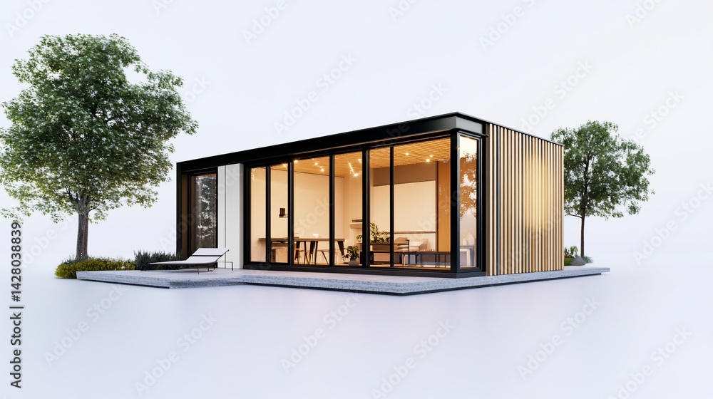 Poster modern modular house with large windows and a deck surrounded by trees