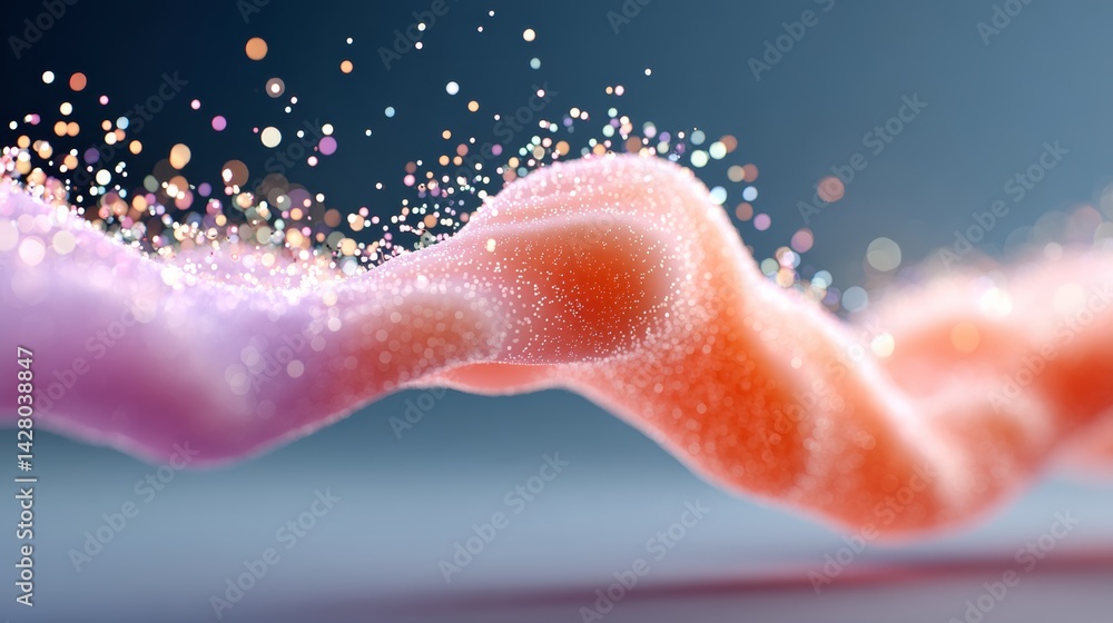 Poster pink and orange wave with a lot of dots. the dots are scattered all over the wave, giving it a very 